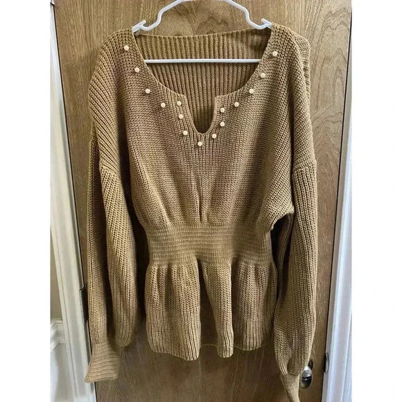 Pearl Beaded Notched Neck Drop Shoulder Peplum Sweater Tan Size 2XL SHEIN Knit - Picture 1 of 10